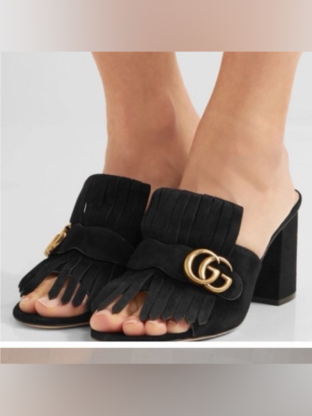 Gucci Marmont Fringe Mule Heels Black Suede Gold GG EU 37